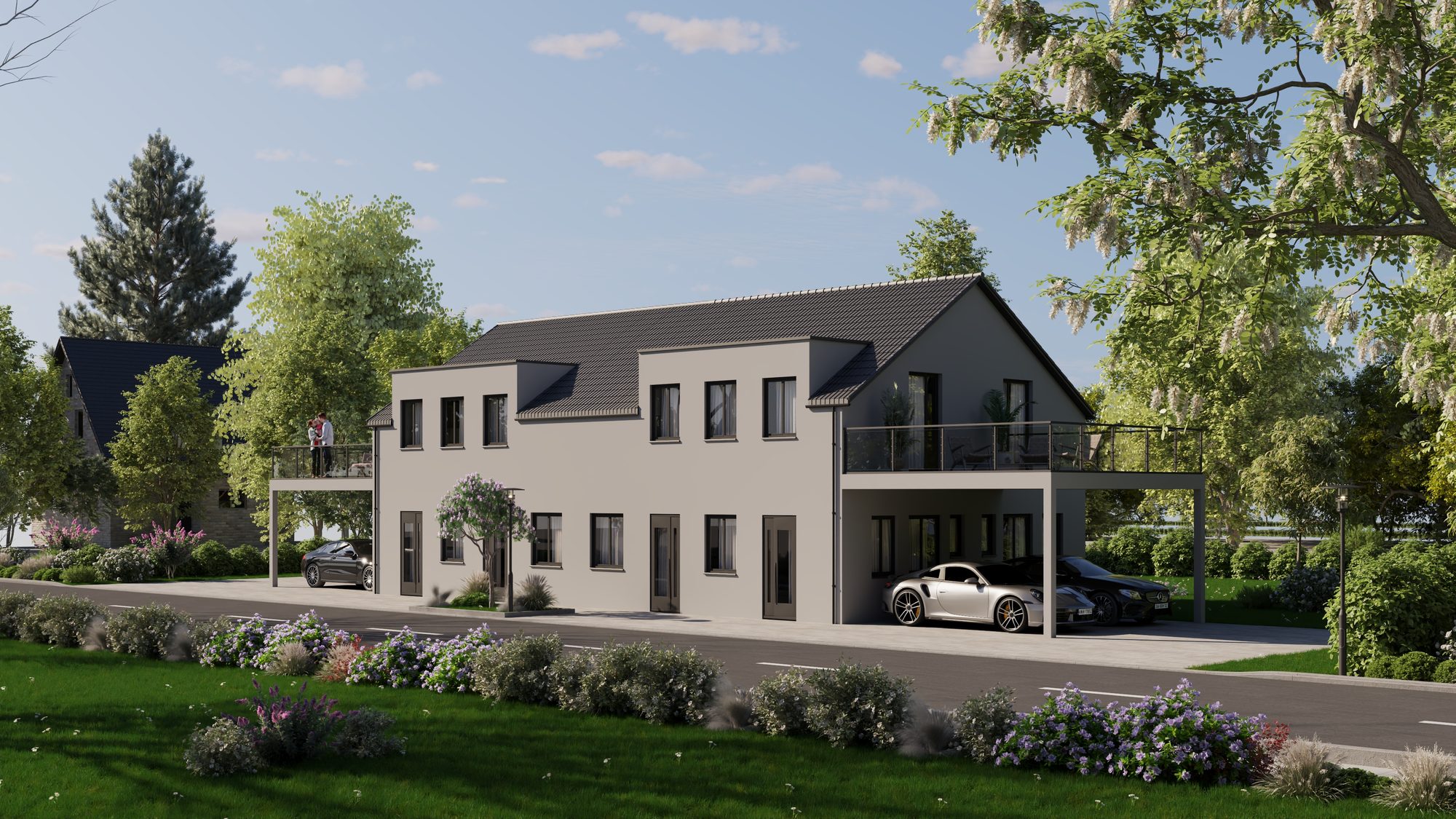 Visualisierung Villa Carolin – Straßenperspektive mit Carports